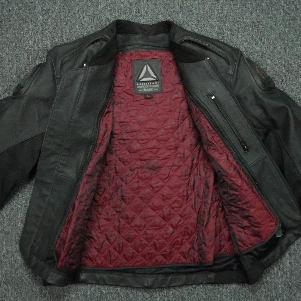 ICON Jacket Mens Large Black Leather Accelerant Moto Padded Quilt Lined Biker - Picture 3 of 15